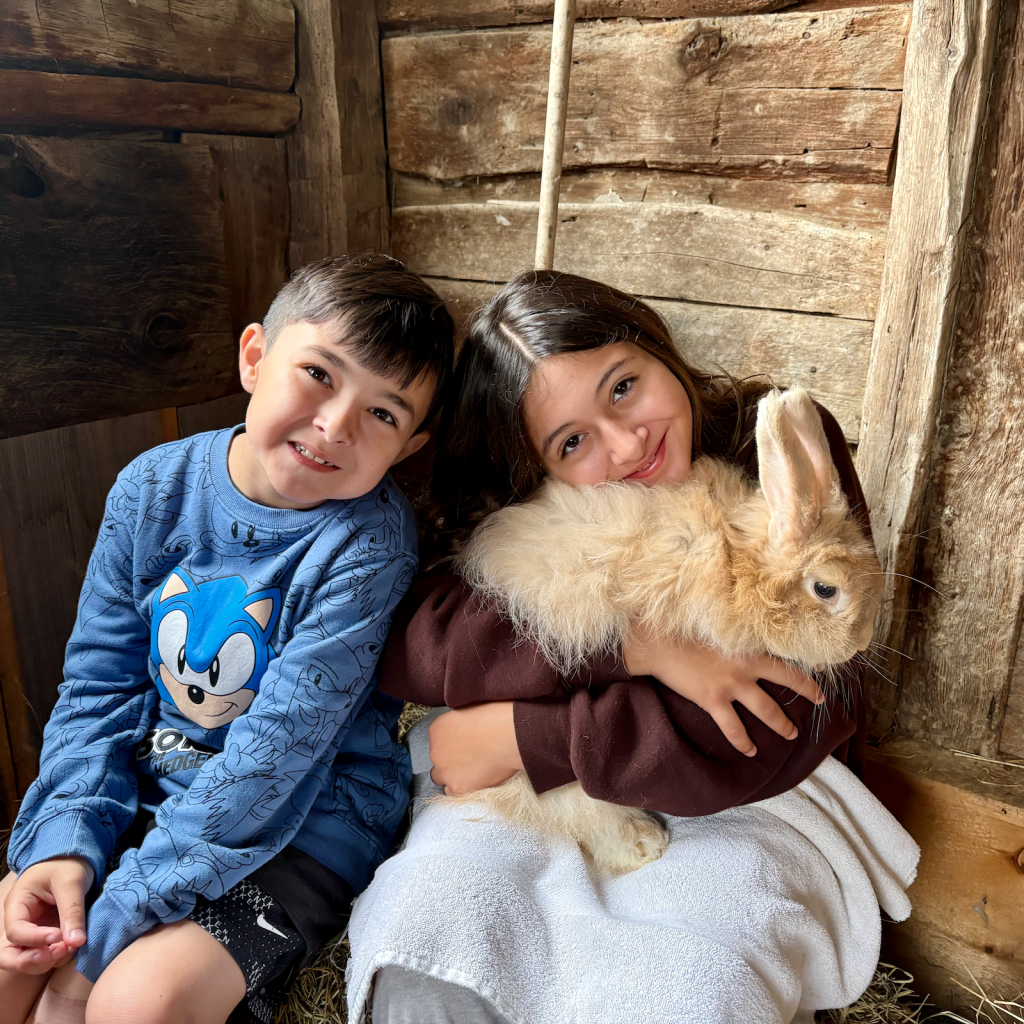 boy and girl holding a angora bunny rabbit