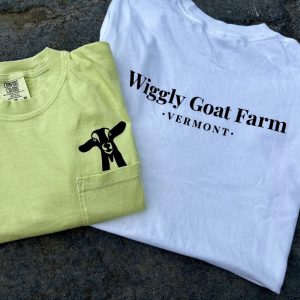 green and white Wiggly goat farm t-shirts