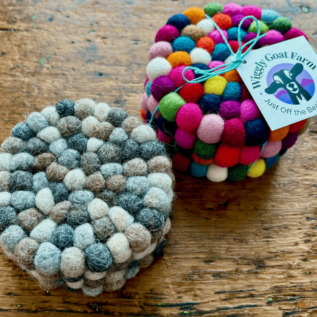 two types of felted wool coasters grays and multi colors