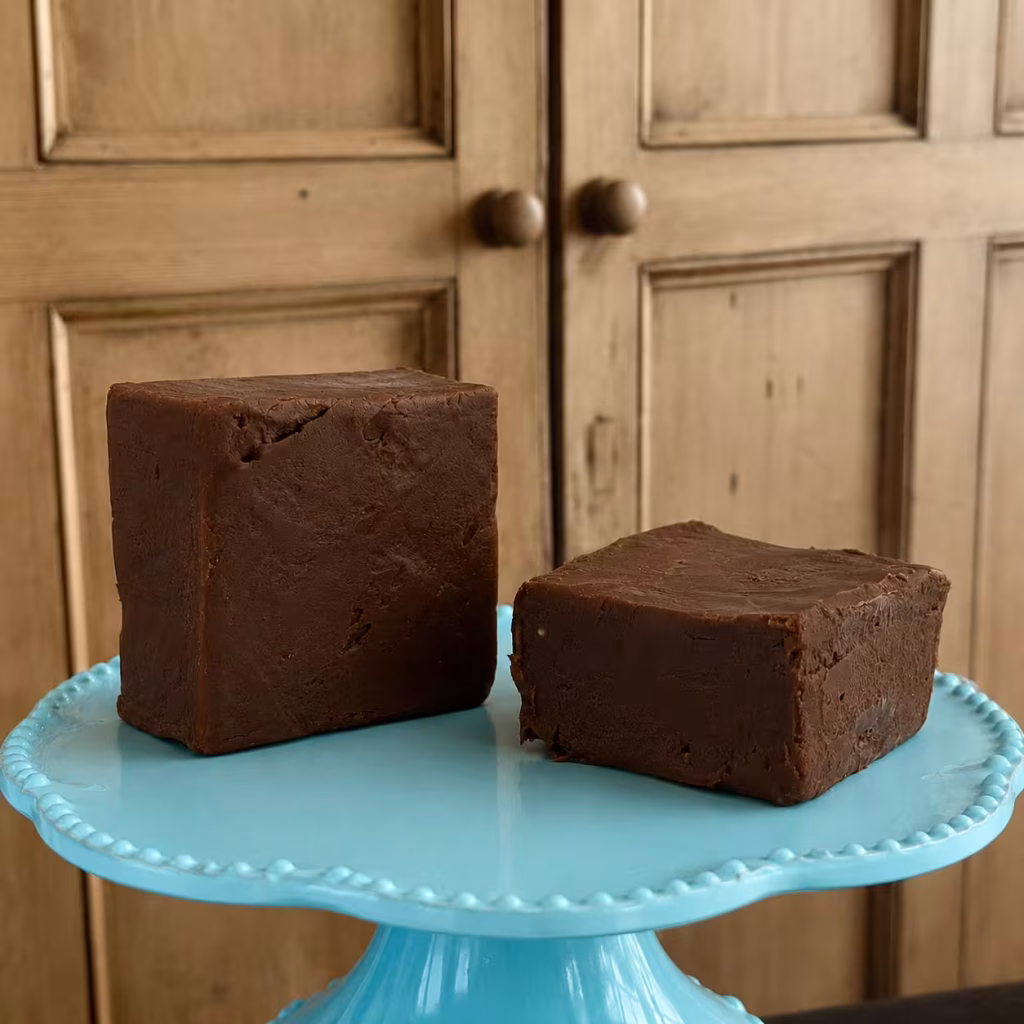 two pieces of Classic Chocolate Goat Milk Fudge on a pedestal