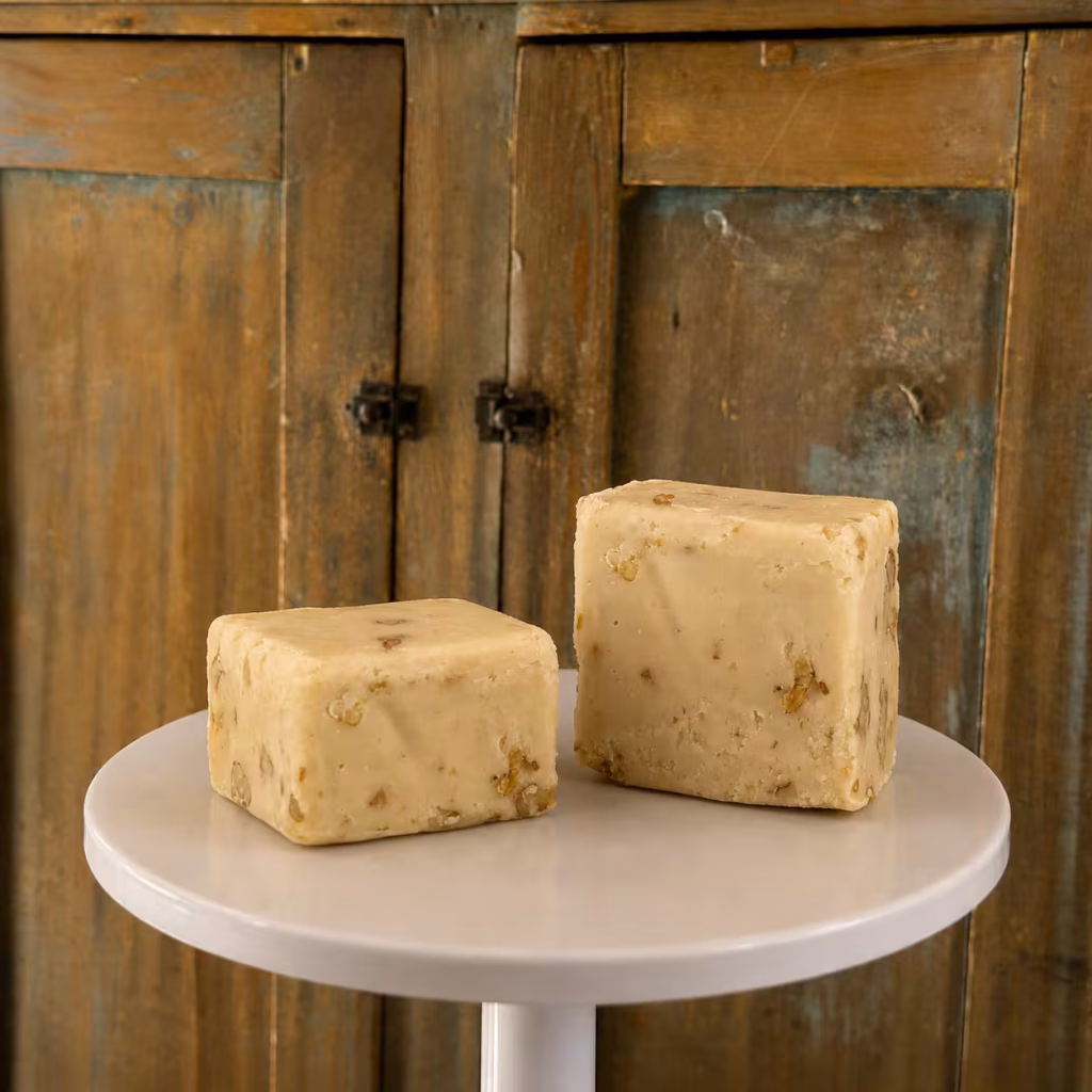 two pieces of Goat Milk Maple Walnut Fudge on a cake stand