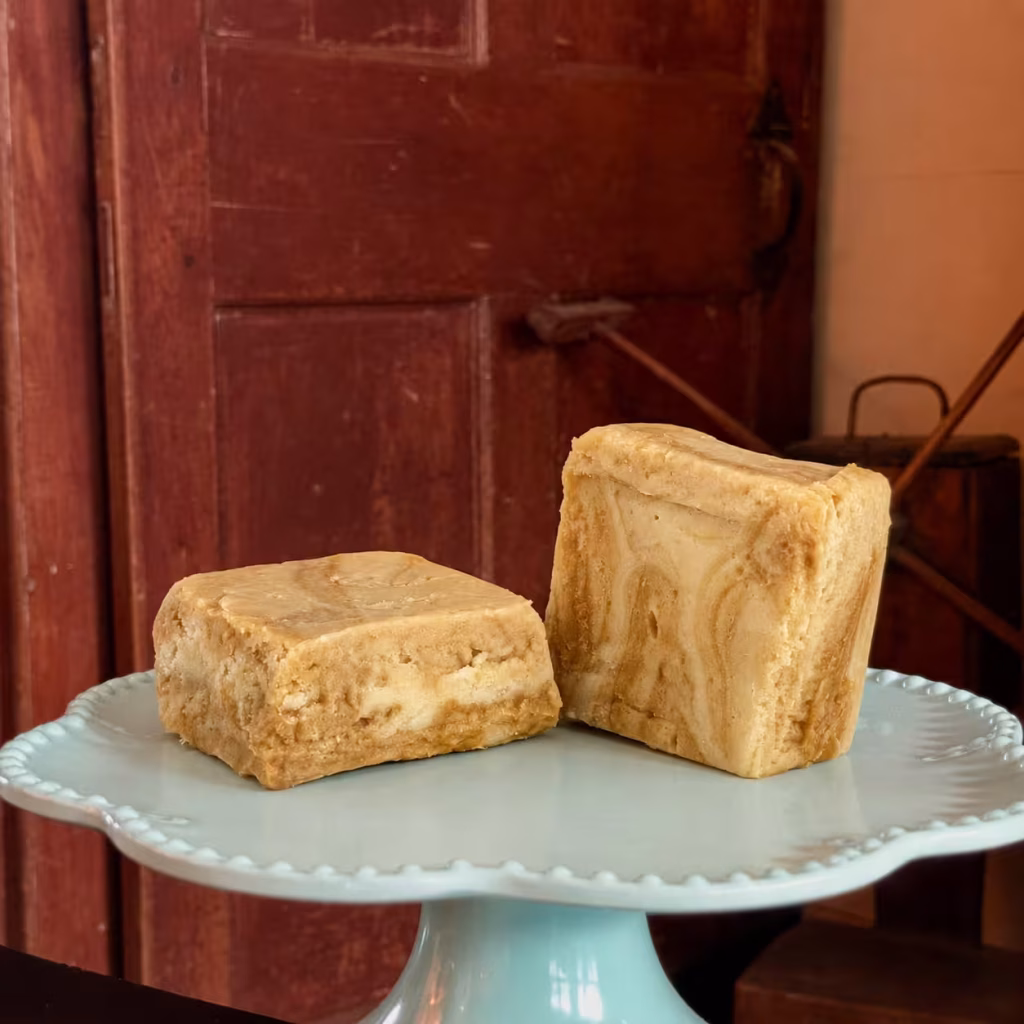 two pieces of Sea Salt Caramel Goat Milk Fudge on a cake stand