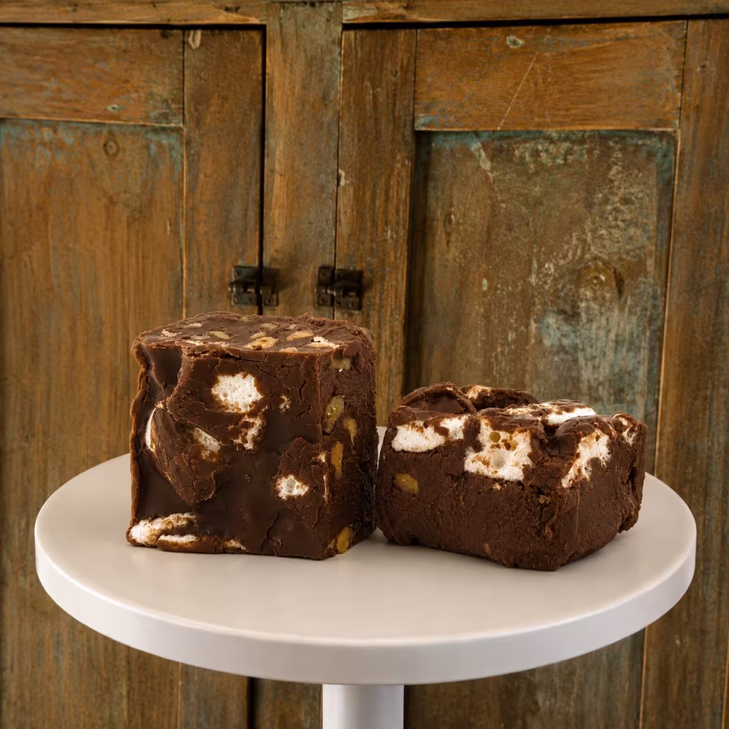 two pieces of Vermont rocky road judge on a cake stand