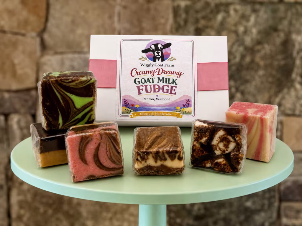 goat milk fudge box surrounded by six pieces of fudge on a cake stand